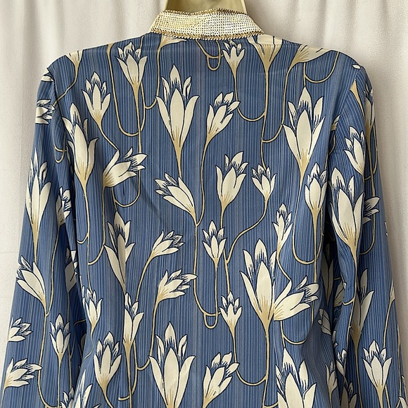 Tory Burch Sequins Blue Floral Long Sleeve Silk Tunic Shirt Top **Size 2**🌸🌸 - Picture 4 of 6